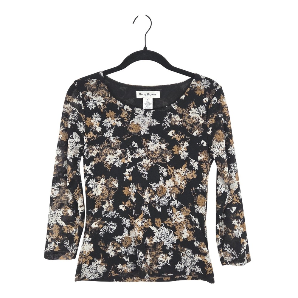 Vtg Rena Rowan Floral Mesh Top Black Brown White 3/4 Sleeve Top S Whimsigoth Y2K
